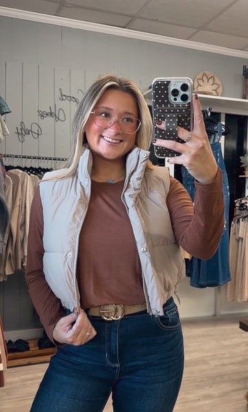 High Neck Cropped Puffer Vest-Taupe
