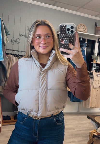 High Neck Cropped Puffer Vest-Taupe